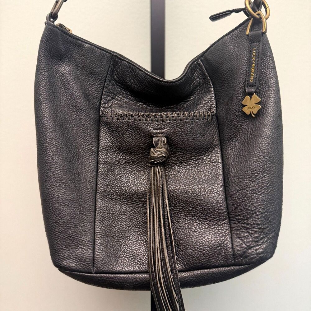 Lucky Brand Black Pebbled Leather Hobo Shoulder Bag Tassel Charm Large